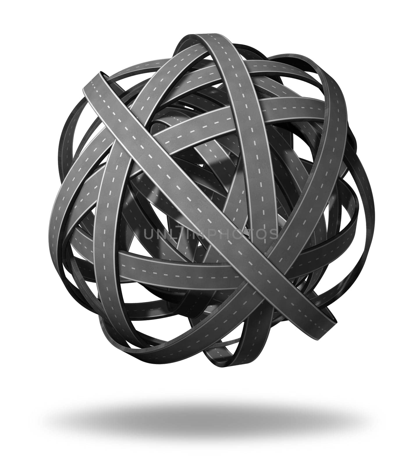 Confusion and lost direction going nowhere in business and life symbol represented by tangled bundeled roads and highways interlinked in a chaotic unclear complicated direction and perplexing path that has no end or beginning as a wrong strategy and losin