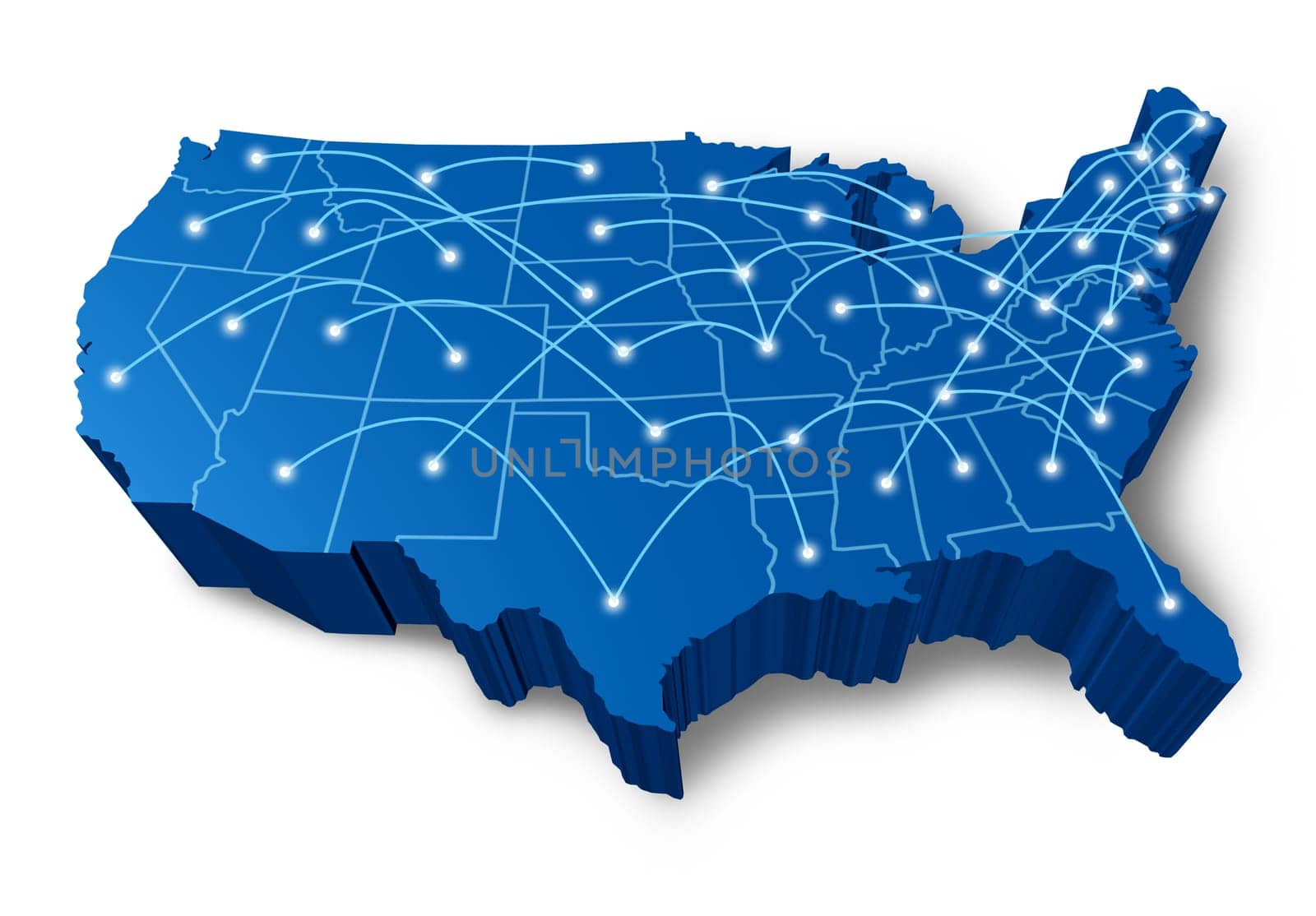U.S.A 3D map technology communication network symbol represented by a blue dimensional United States with connecting web of fibre optic cell cables with shining center dots.