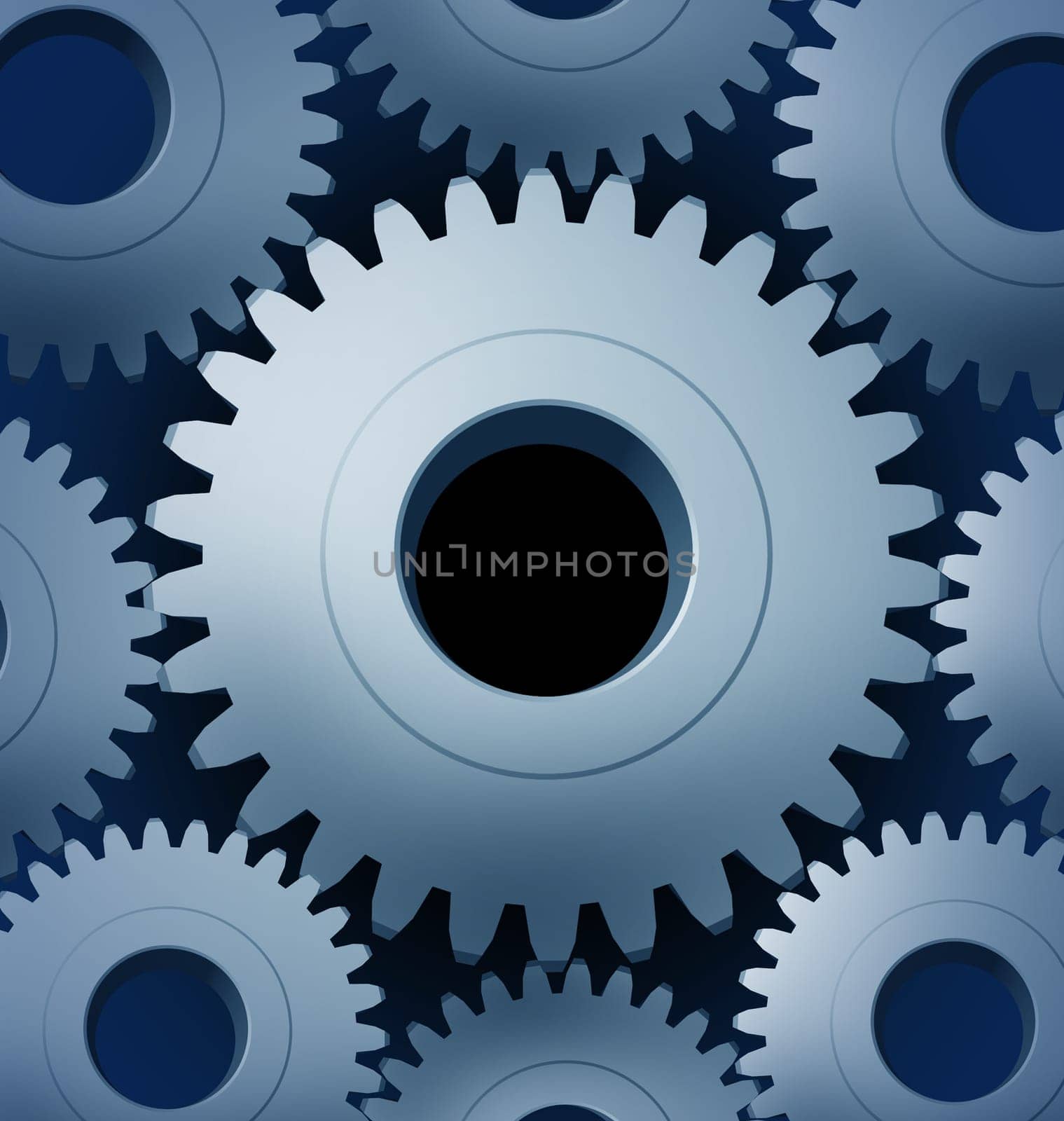 Industry and manufacturing with a close-up of Machine Gears and cogs gowing round representing progress and industrial technology teamwork.