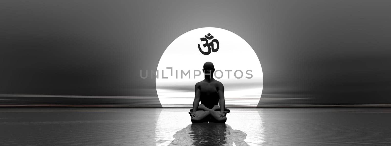 Man meditating under om symbol upon the ocean with full moon behind by beautiful moonlight