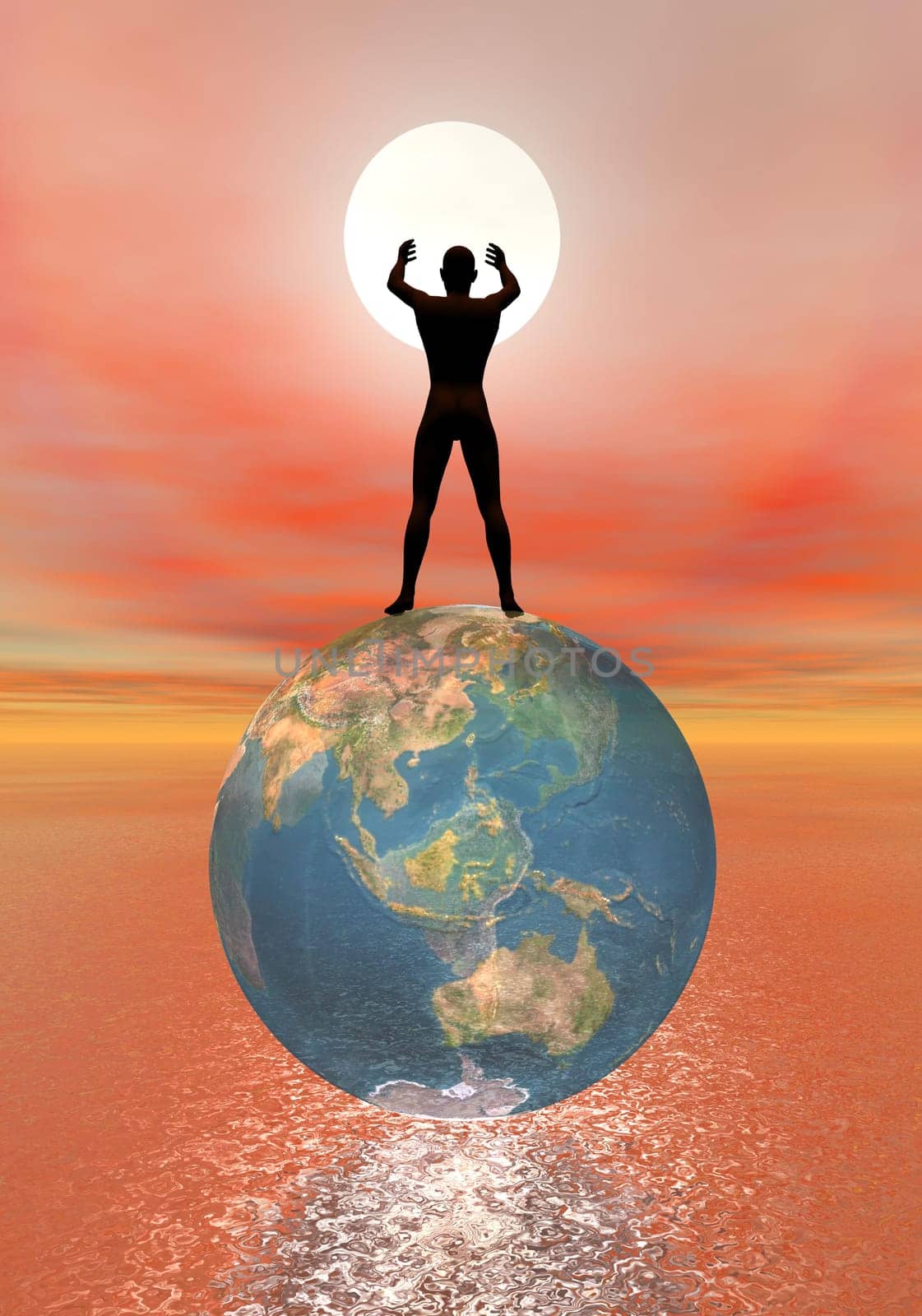 Human upon an earth asking help to the sun to save the planet