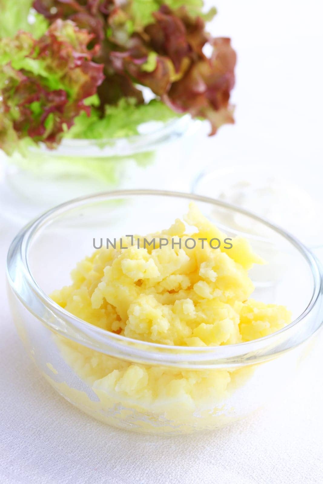 Mashed potatoes in bowl with salad