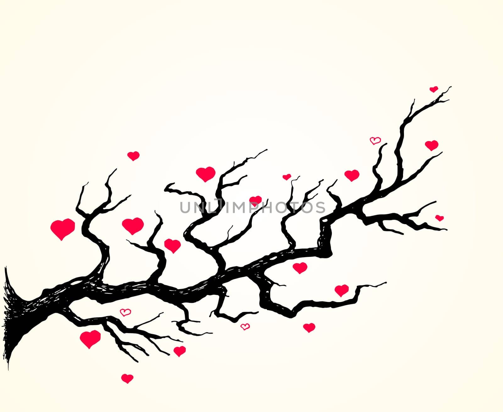 Pink hearts around black plant on light yellow background