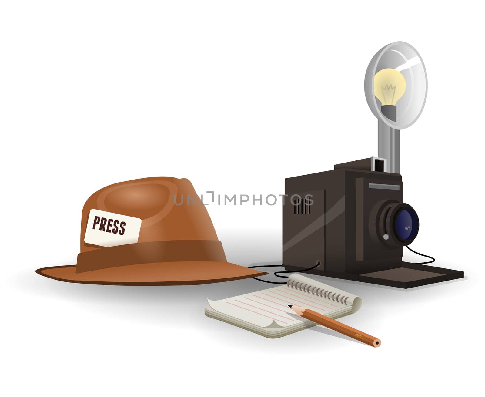 Vintage paparazzi hat camera and notepade on white background