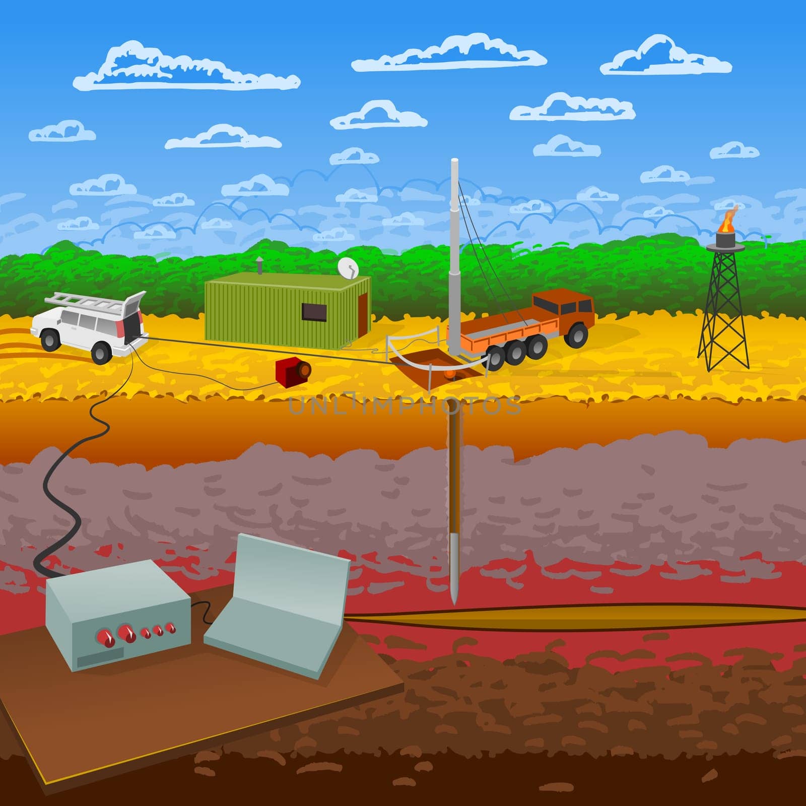 Oil Industry Tools in Forest and Borehole Tools as a vector illustration