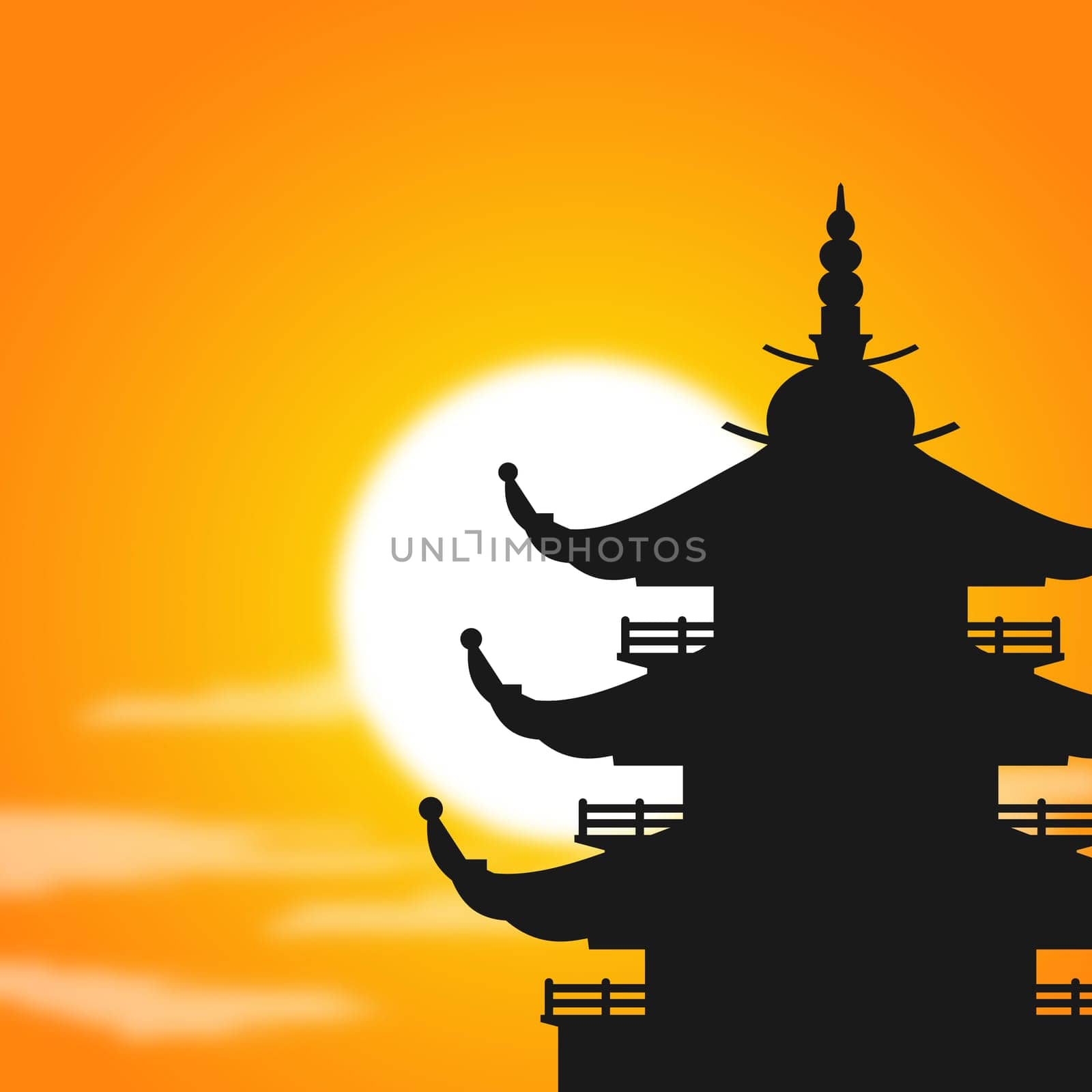 Asian Pagoda silhouette at Dusk with sun behind and fog around