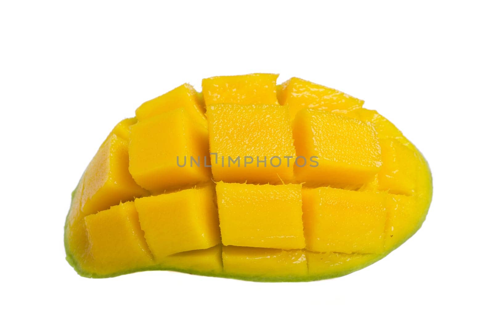 Fresh and colorful mango cut and cubed in its skin.
