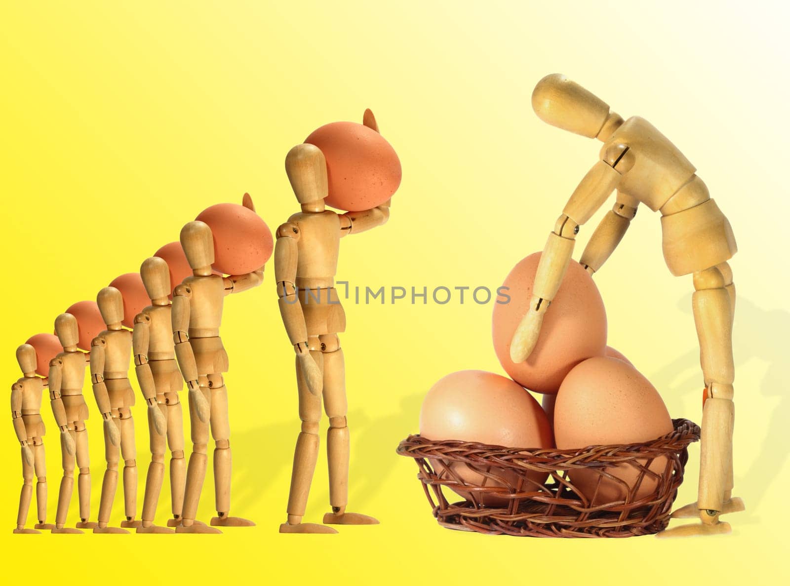 Wooden articulated dolls carry eggs and stack them together in the basket