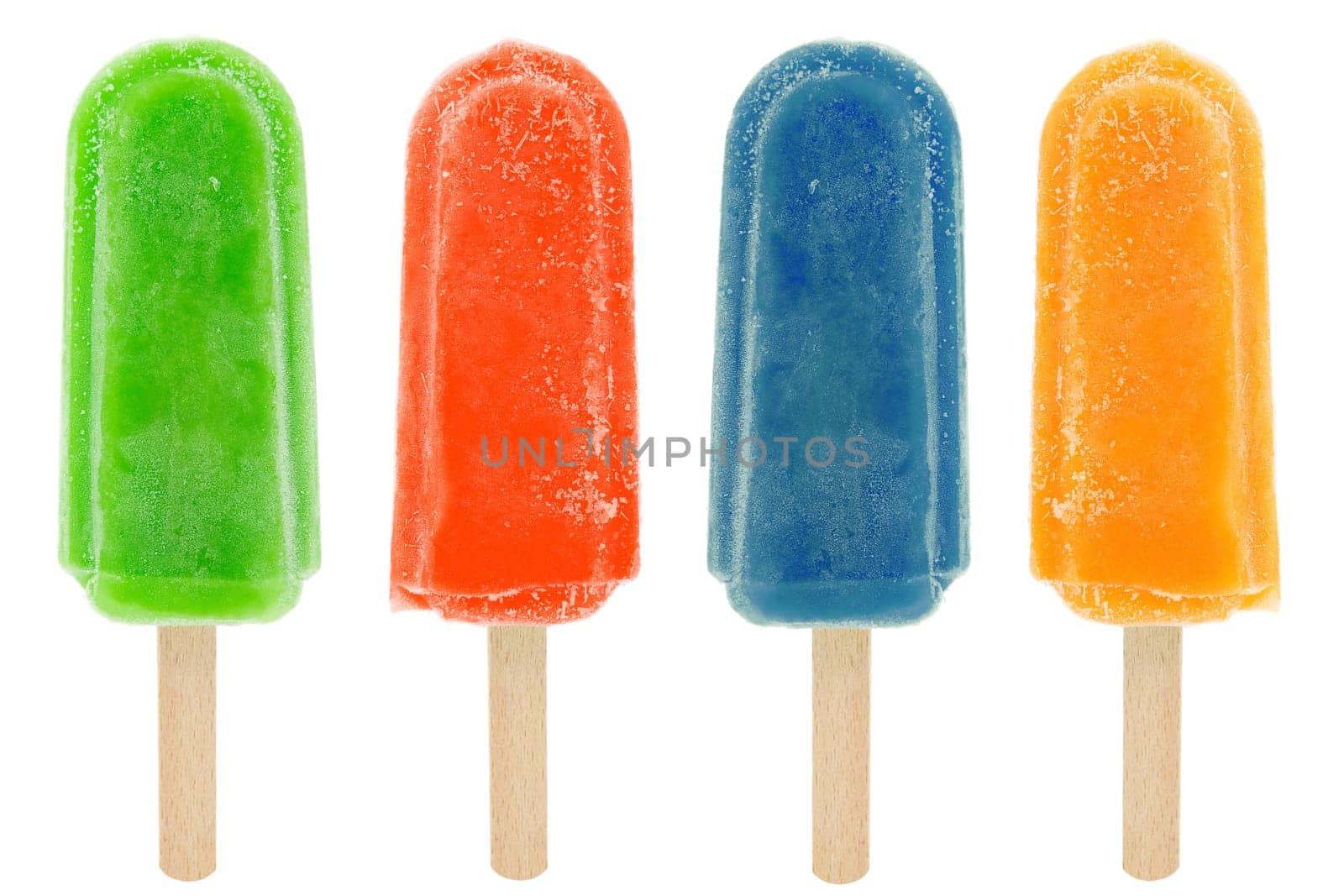 four colorful popsicles isolated on white background