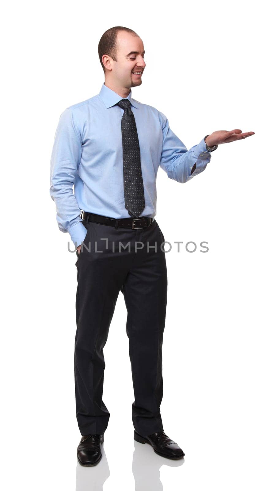 caucasian man look his hand isolated on white