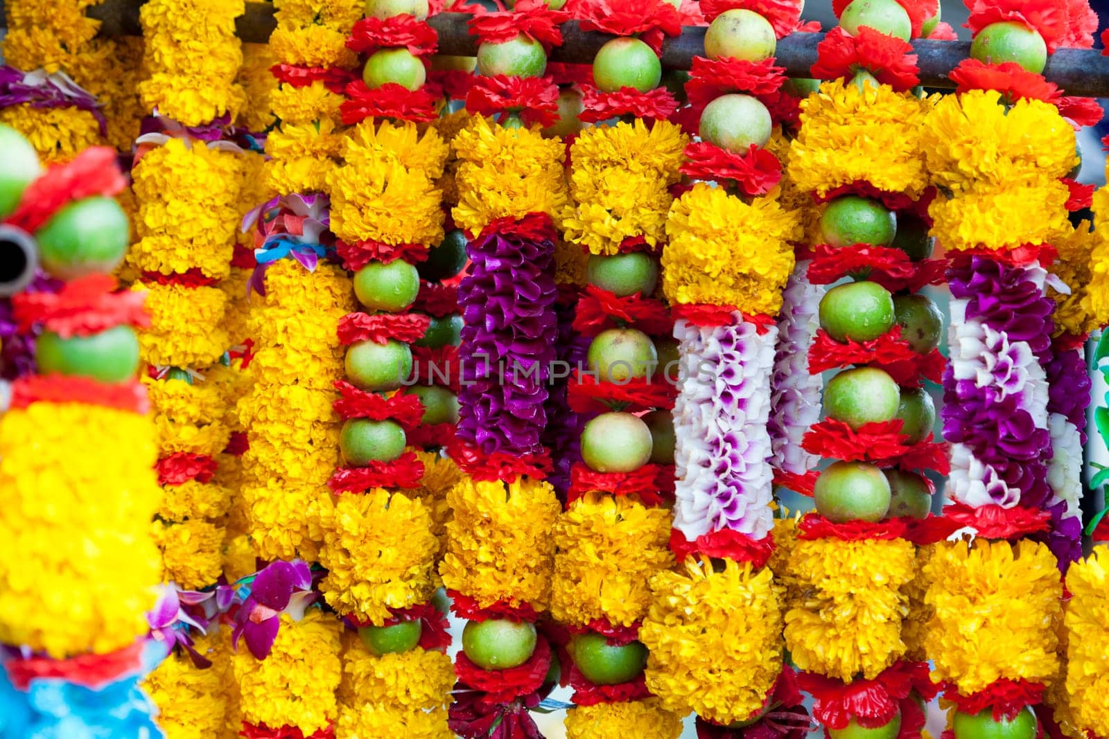 Flower and fruit garlands for Hindu religious ceremony