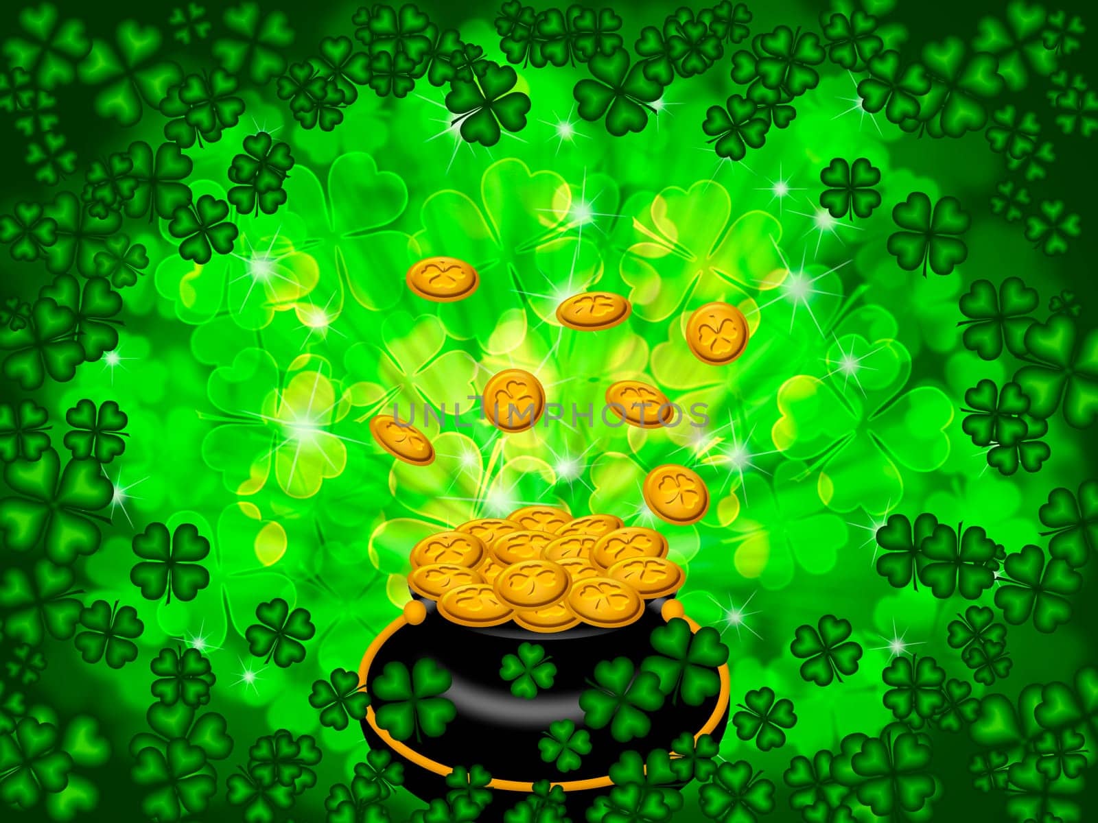 St Patricks Day Pot of Gold on Four Leaf Clover Shamrock with Blurred Background