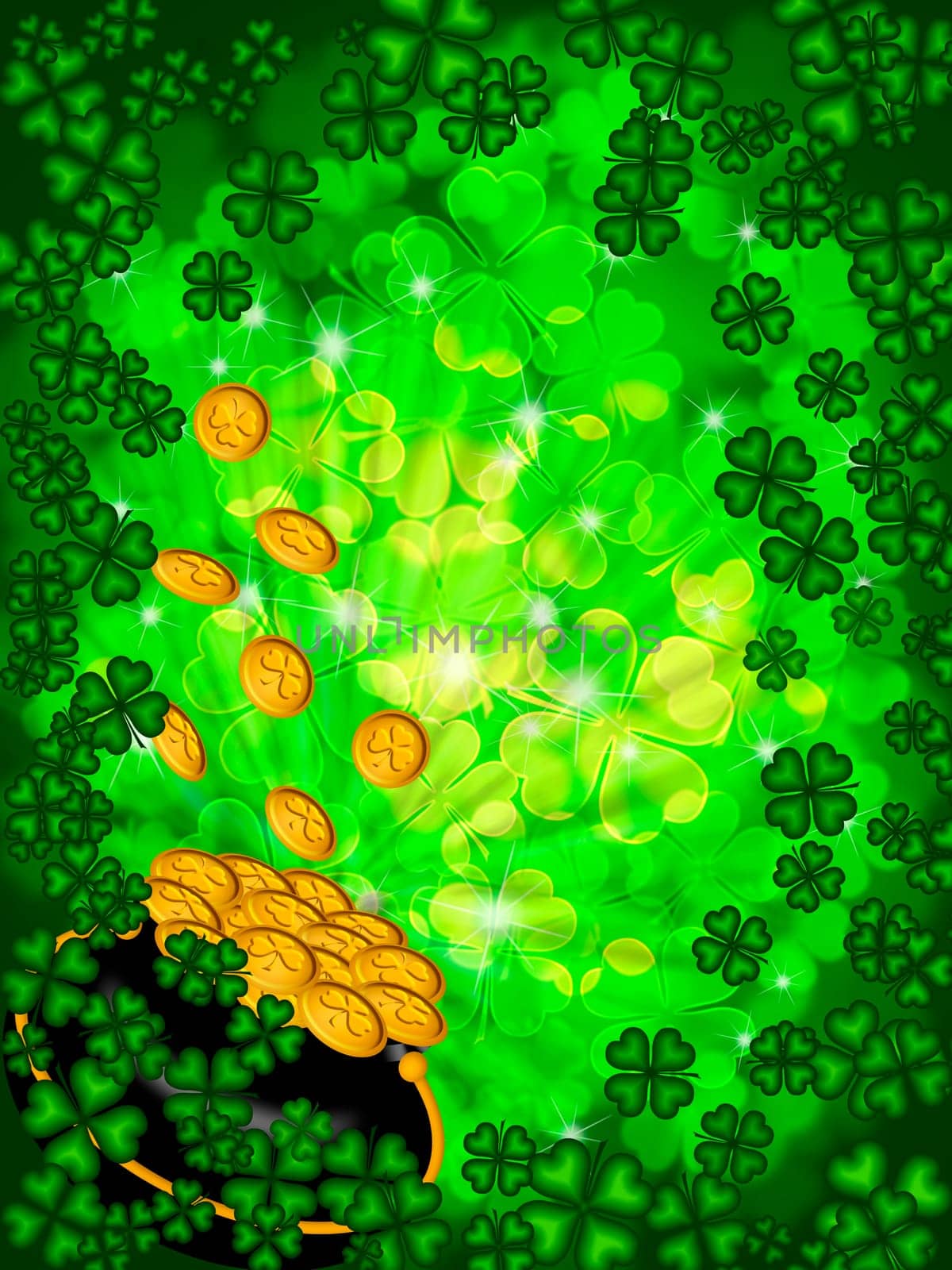 St Patricks Day Pot of Gold on Four Leaf Clover Shamrock with Blurred Background Vertical