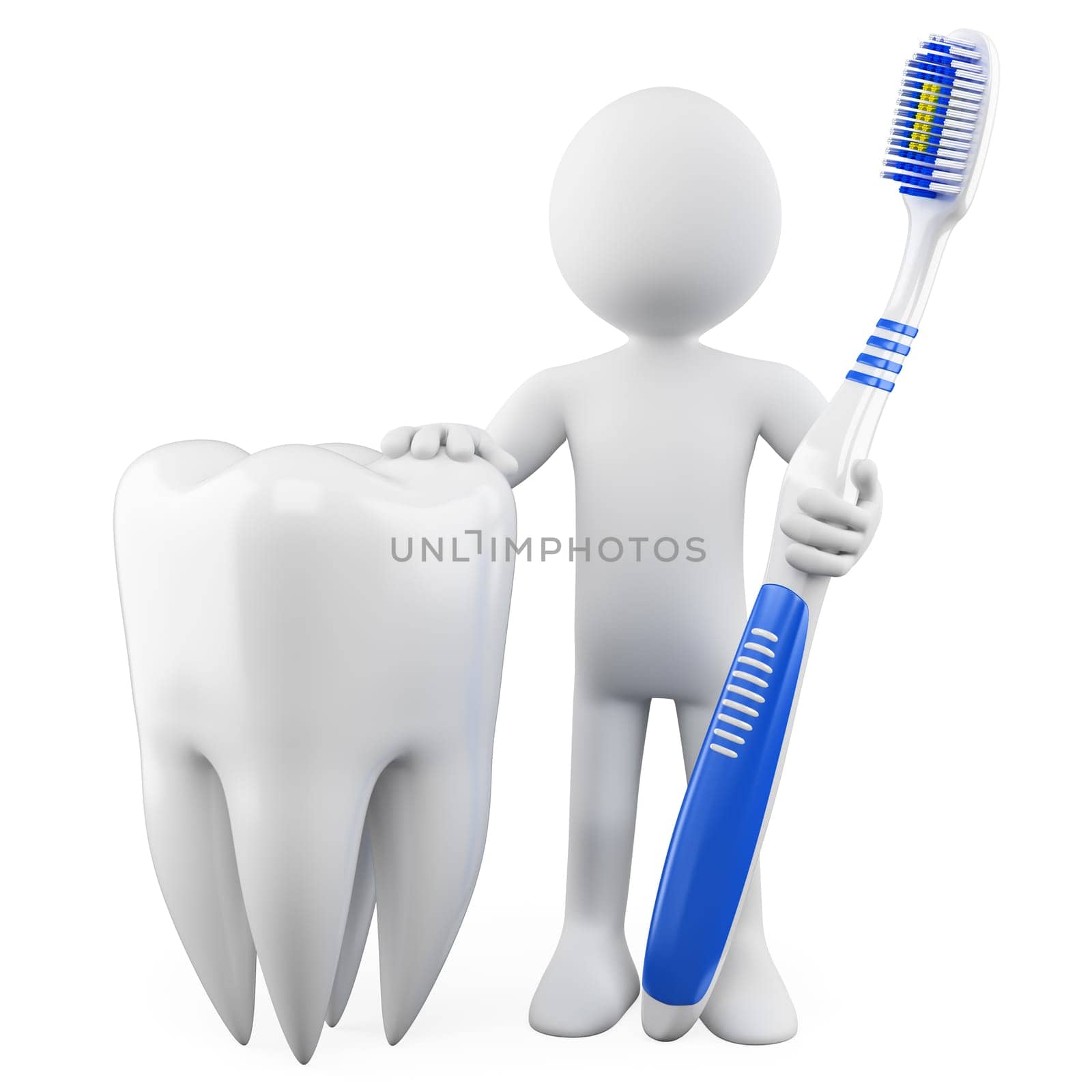 Dentist with a tooth and toothbrush. Rendered at high resolution on a white background with diffuse shadows.