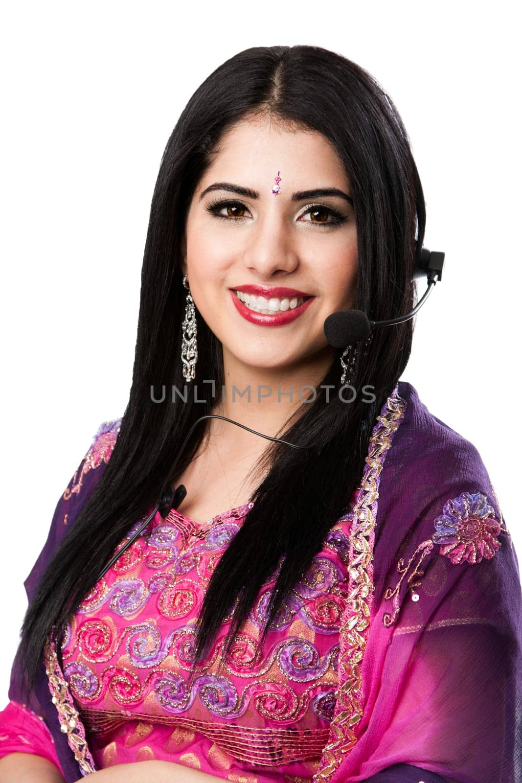 Beautiful Happy Indian Hindu Business Customer Service Representative at call center with headset microphone, isolated.