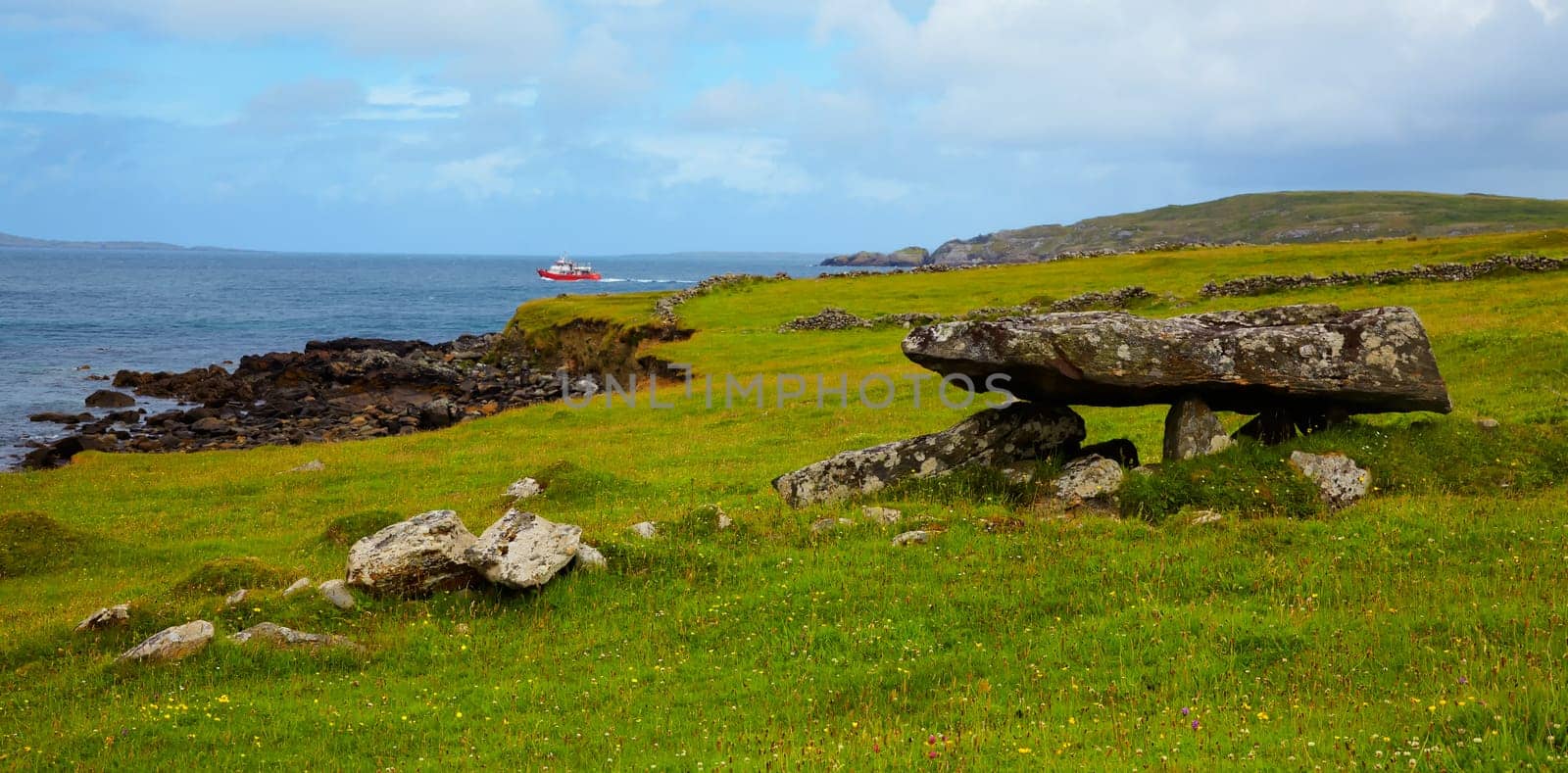 Panoramic landscape of the megalithic tomb near Sellerna beach, Cleggan, Ireland.