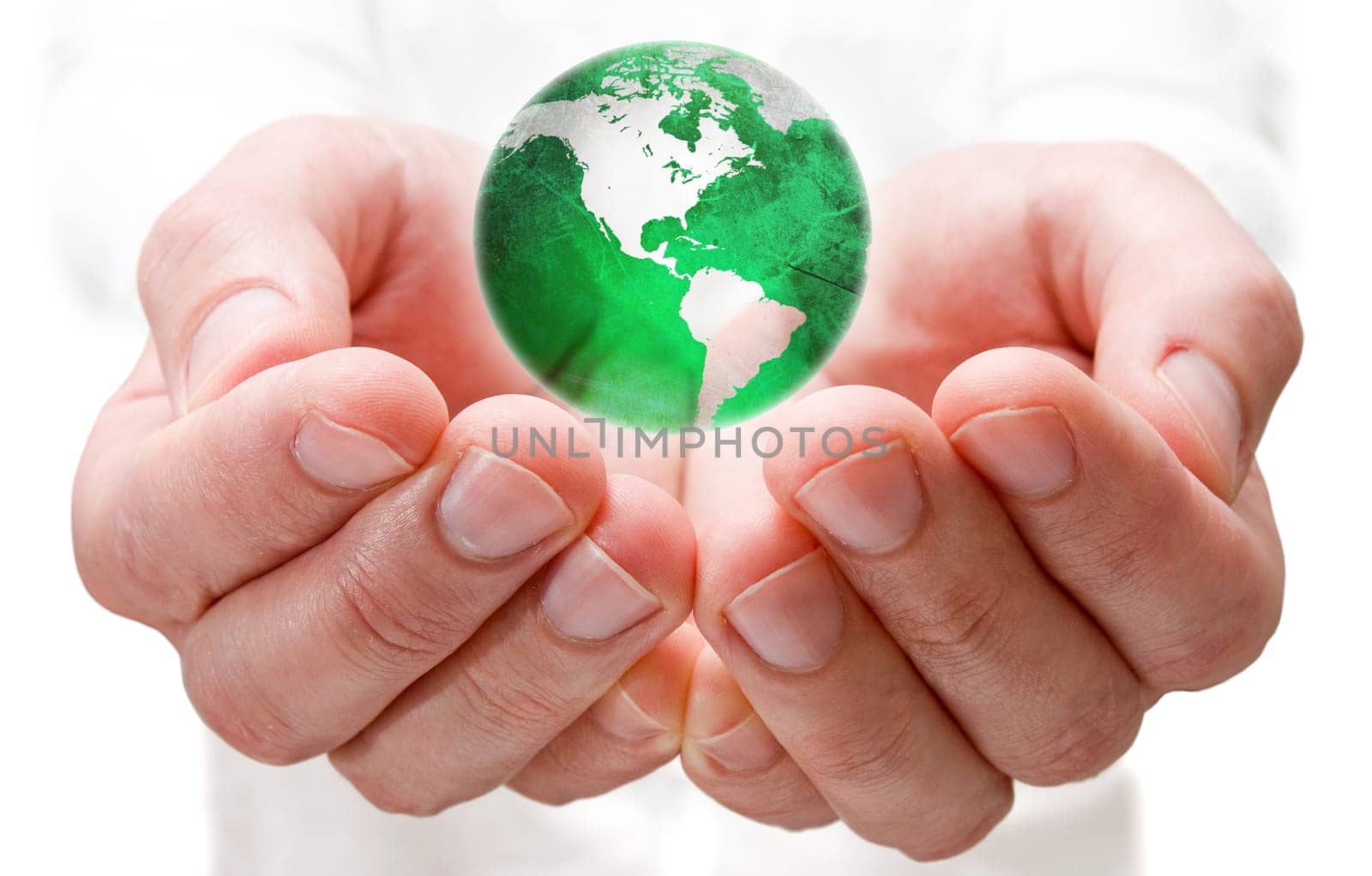 Save the world. earth globe in human hands.