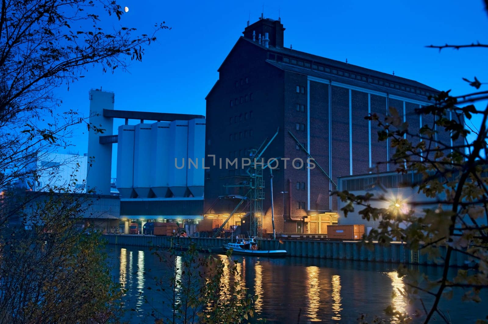 HDR composite shot of a small river port in Berlin at night