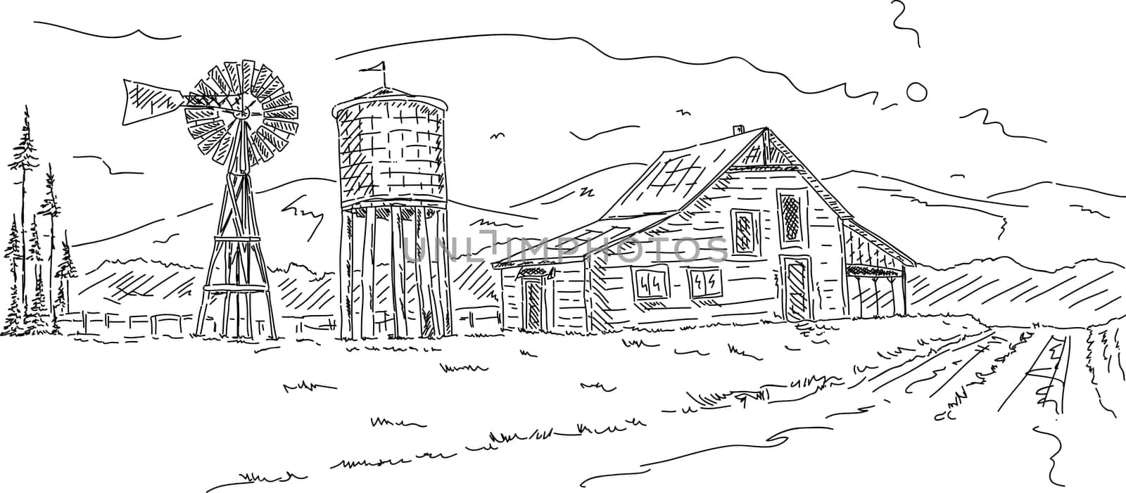 vector - Old farm under mountains hand draw