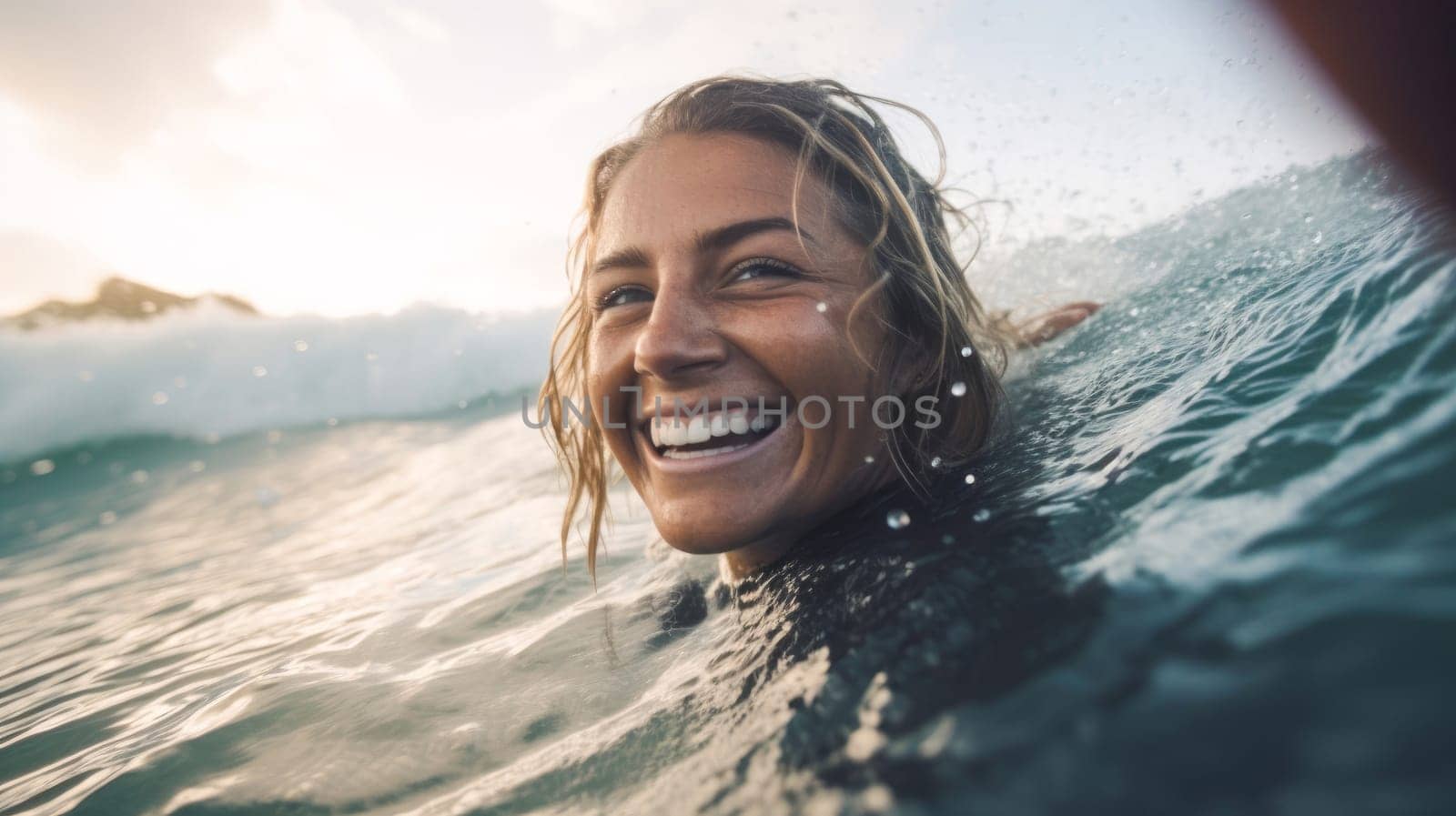 Happy surfer girl paddling on surfboard in blue ocean on sunset. In motion summer. by JuliaDorian