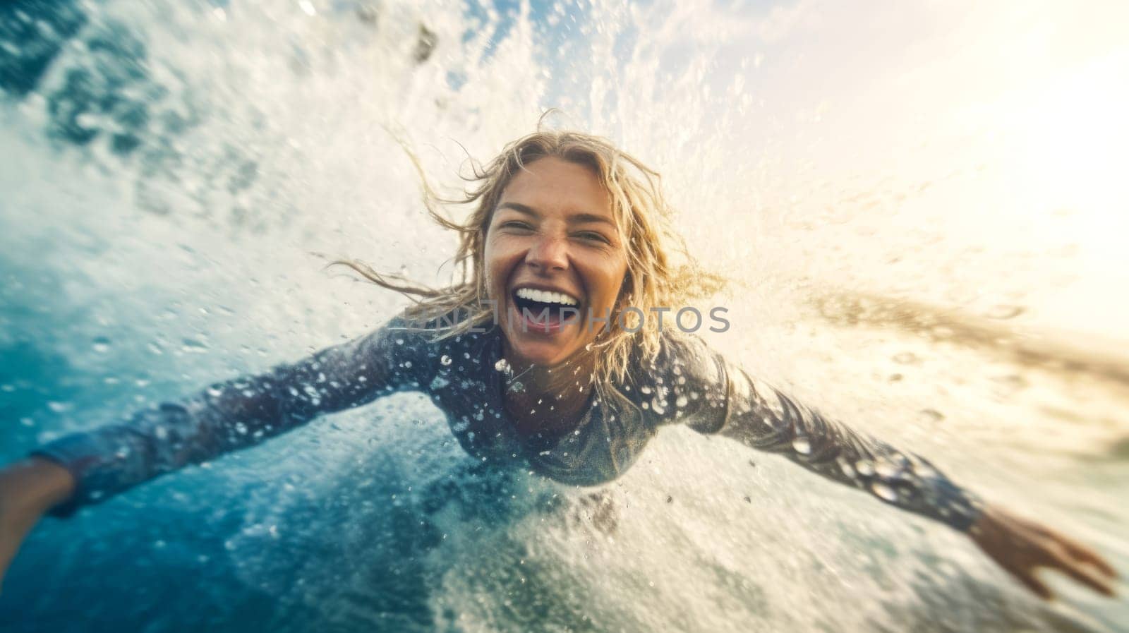 Happy surfer girl paddling on surfboard in blue ocean on sunset. In motion summer