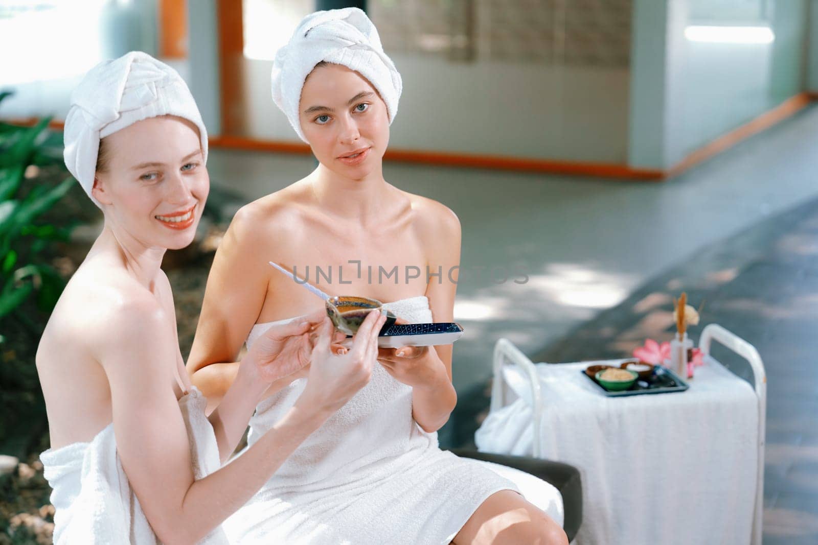Two spa girls looking at camera while holding natural facial mask. Tranquility. by biancoblue