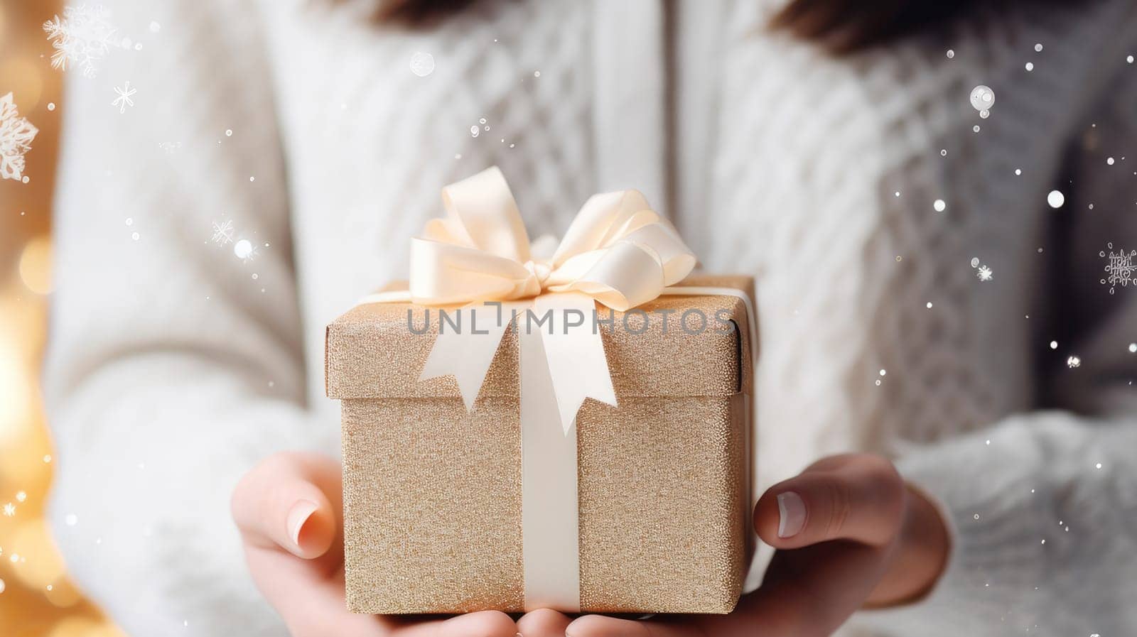 Christmas gift in a light box in gentle female hands, in a white sweater on a light, New Year's background with bokeh and copy space by Alla_Yurtayeva