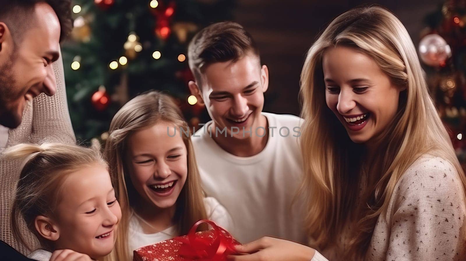 Happy children and satisfied parents open Christmas gifts. Merry Christmas and Merry New Year concept