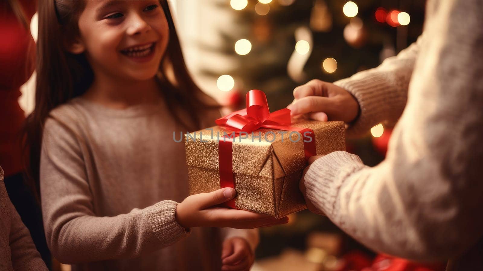 Happy children and satisfied parents open Christmas gifts. Merry Christmas and Merry New Year concept