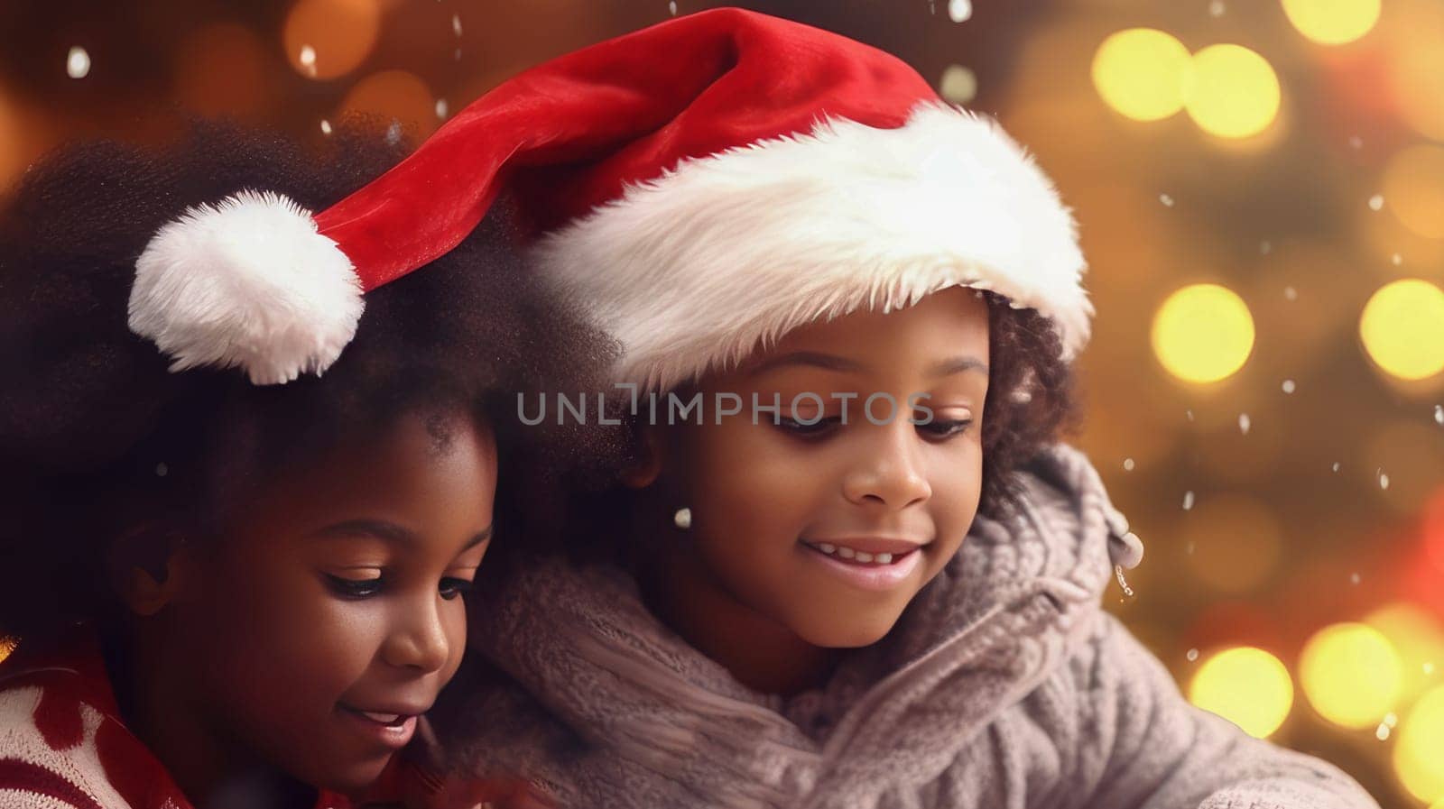 Happy black family with children and parents opening Christmas gifts. Merry Christmas and Merry New Year concept