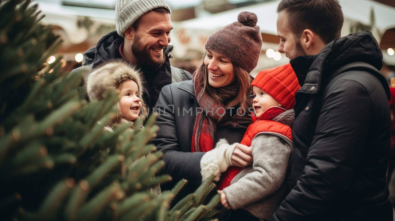 Happy family with children and parents choose a New Year's tree at the Christmas tree market. Merry Christmas and Merry New Year concept