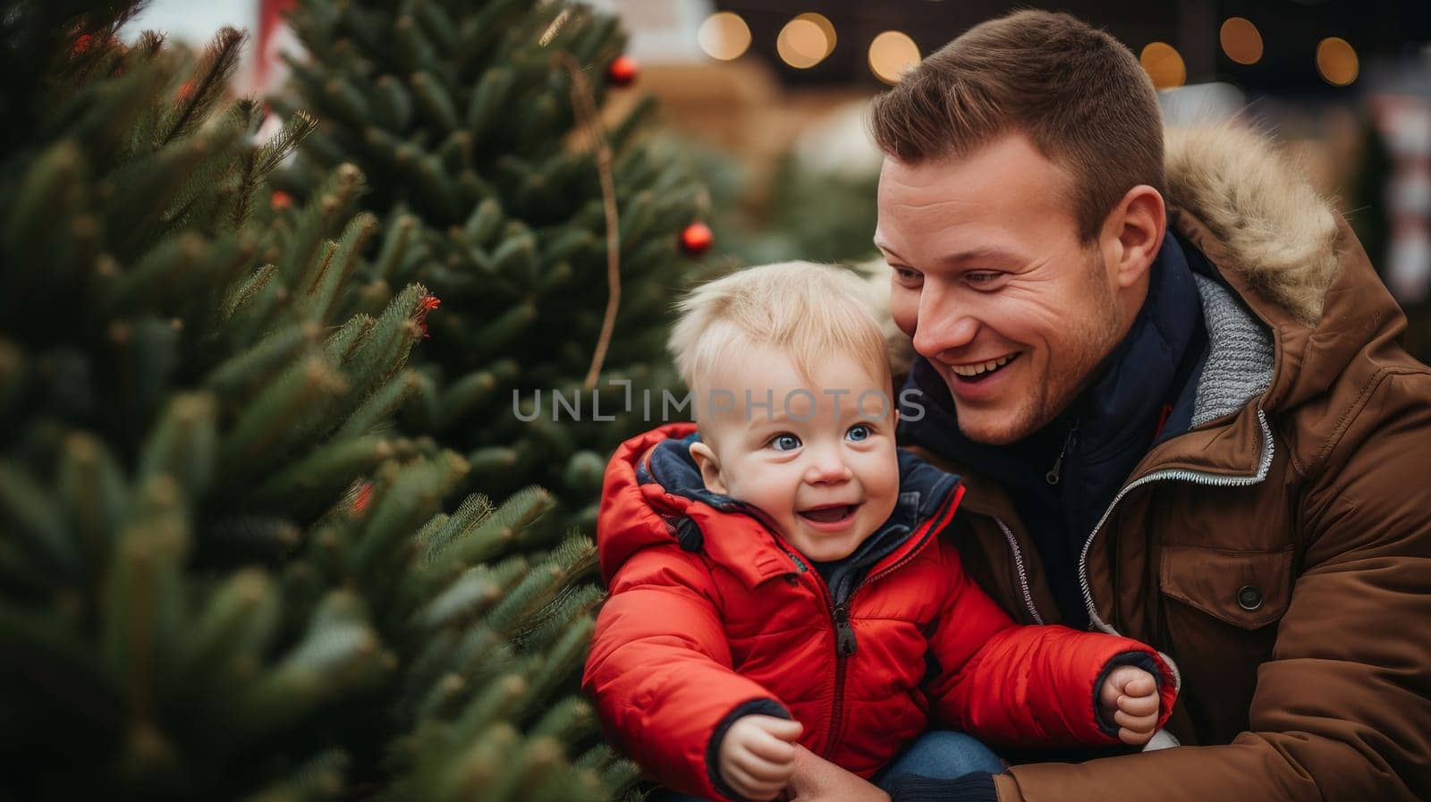 A happy family with a child and parents chooses a New Year's tree at the Christmas tree market. Merry Christmas and Merry New Year concept. by Alla_Yurtayeva