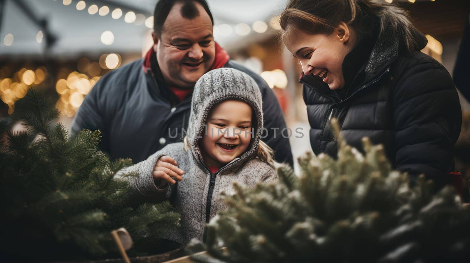 A happy family with a child with Down syndrome and parents choose a New Year's tree at the Christmas tree market. Merry Christmas and Merry New Year concept. by Alla_Yurtayeva