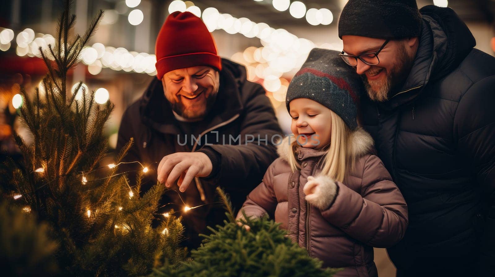 A happy family of LGBT gay couples with a child with Down syndrome and parents choose a New Year's tree at the Christmas tree market. Merry Christmas and Merry New Year concept.