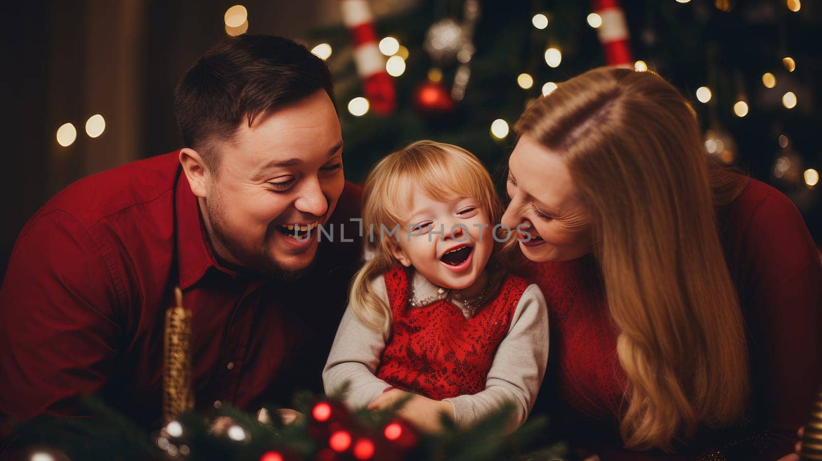 Happy family with a child with Down syndrome and parents against the background of a New Year's tree, people with disabilities. by Alla_Yurtayeva