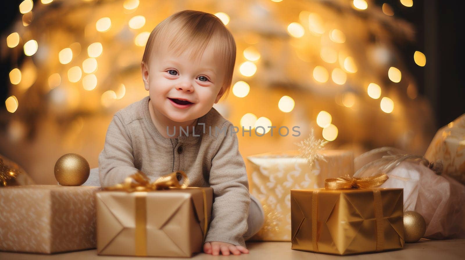 Happy little one with a child with Down syndrome with gifts and lights on the background of a New Year's tree, people with disabilities. Merry Christmas and Merry New Year concept