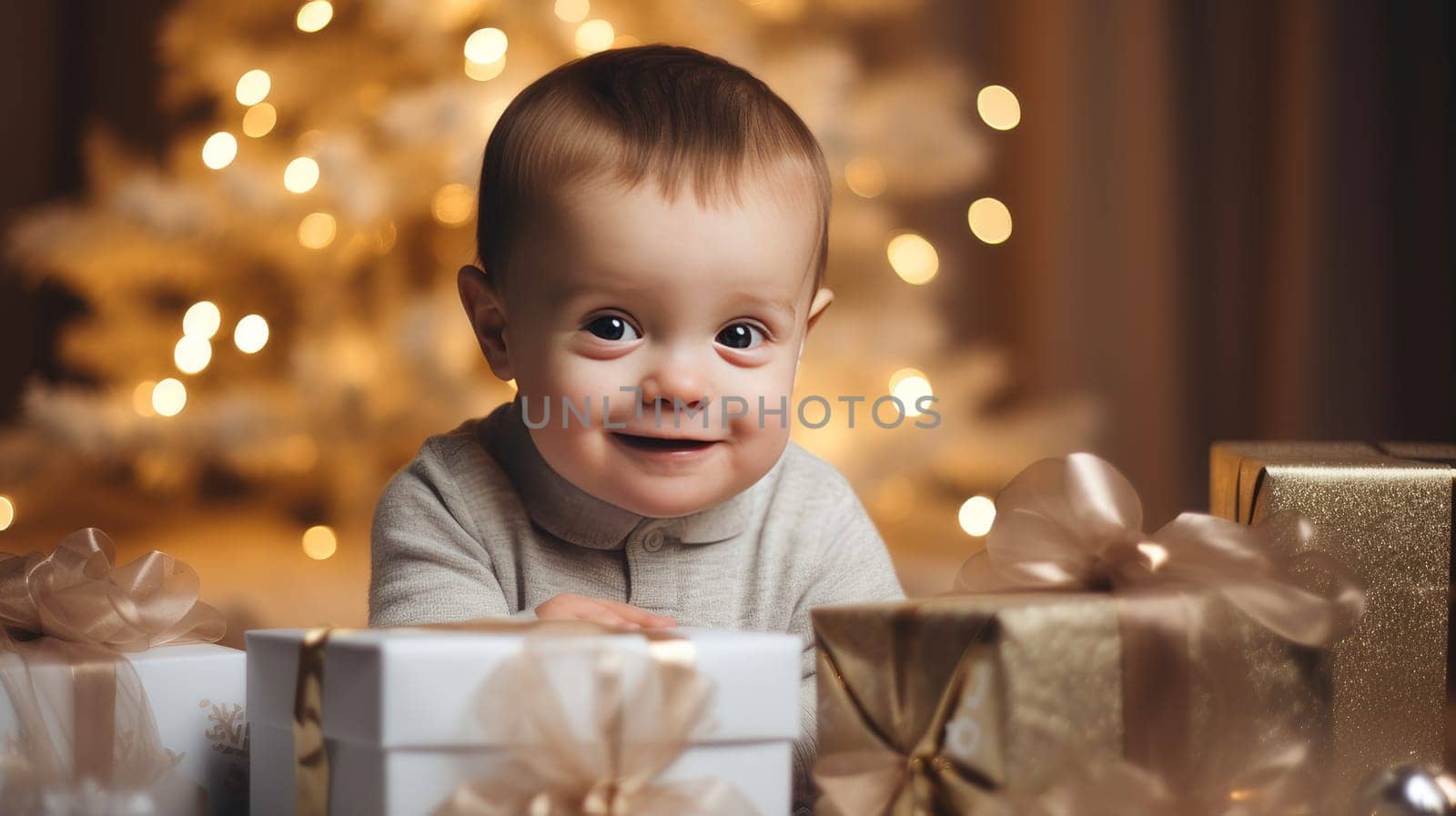 Happy little one with a child with Down syndrome with gifts and lights on the background of a New Year's tree, people with disabilities. Merry Christmas and Merry New Year concept. by Alla_Yurtayeva