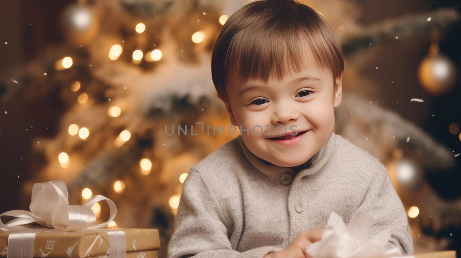 Happy little one with a child with Down syndrome with gifts and lights on the background of a New Year's tree, people with disabilities. Merry Christmas and Merry New Year concept