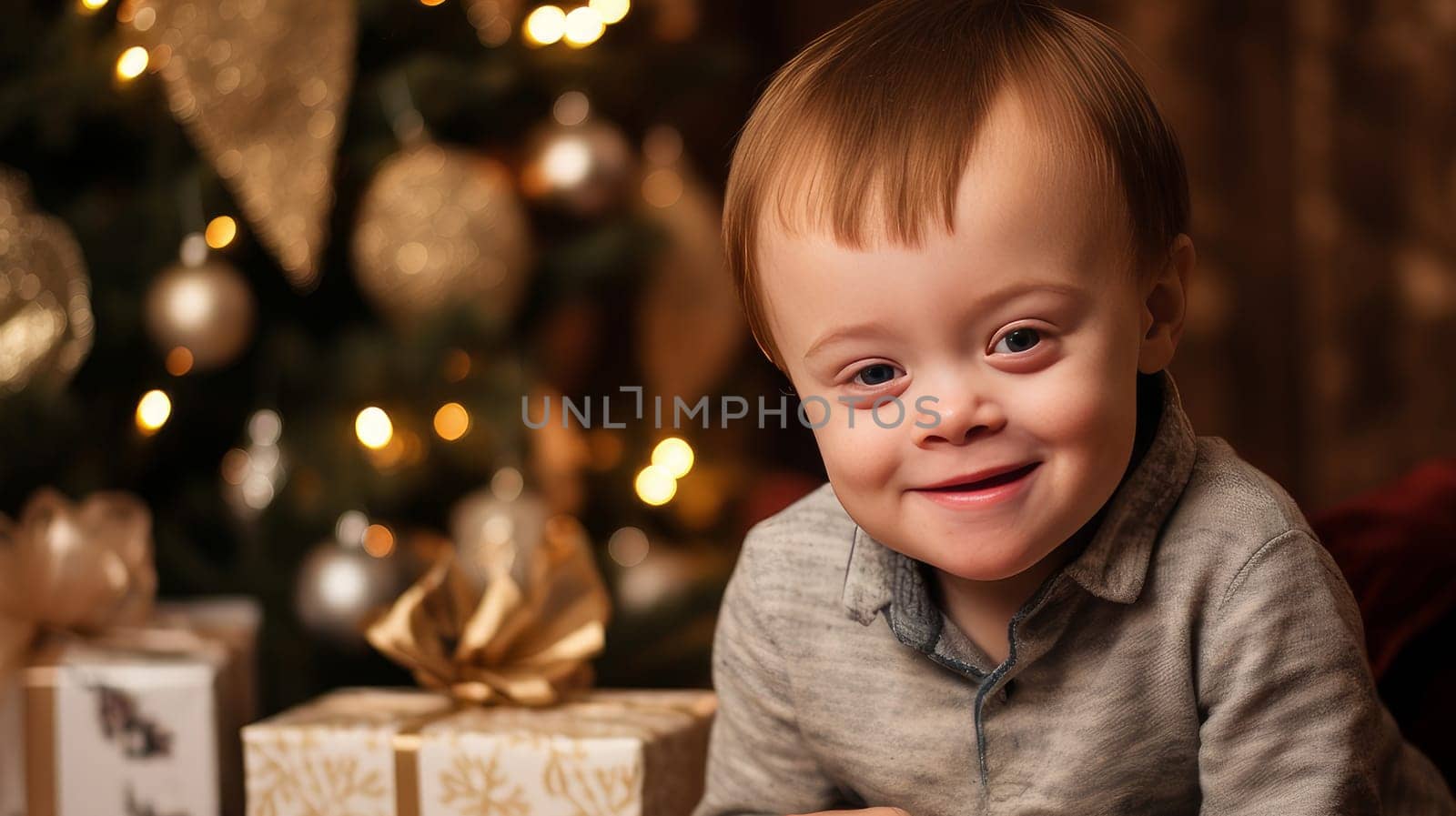 Happy little one with a child with Down syndrome with gifts and lights on the background of a New Year's tree, people with disabilities. Merry Christmas and Merry New Year concept