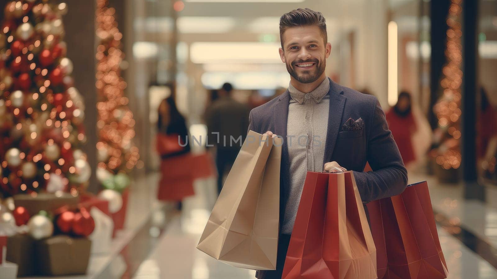 Smiling man with Christmas gifts in shopping bags in a shopping mall. Christmas sale concept.