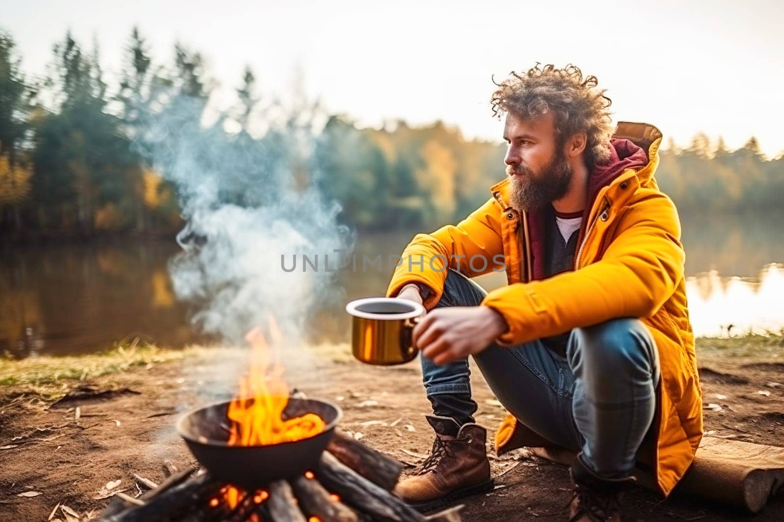 A man boils water on a fire in the forest. High quality photo