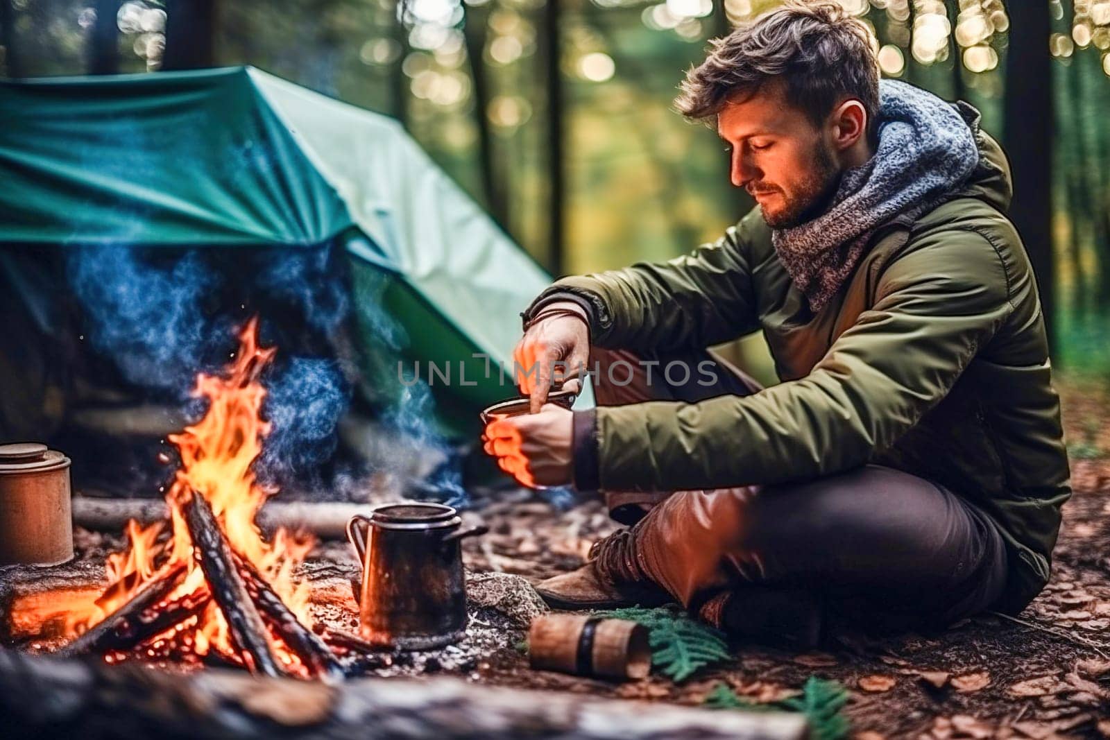 A man boils water on a fire in the forest. by Yurich32