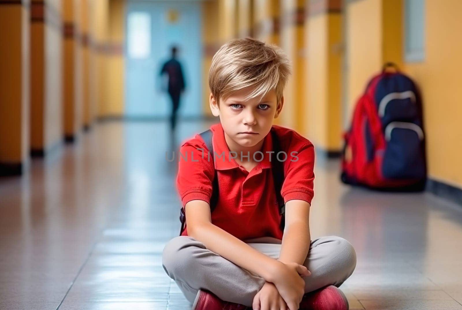 Portrait of an offended student in a school hallway. Bullying concept at school. High quality photo