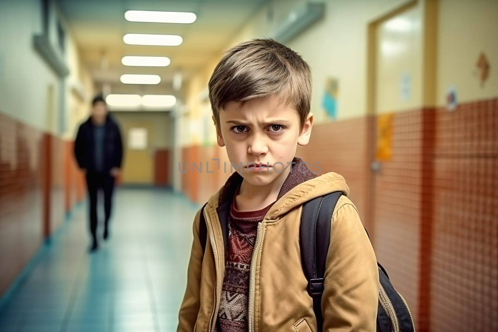 Portrait of an offended student in a school hallway. Bullying concept at school. High quality photo