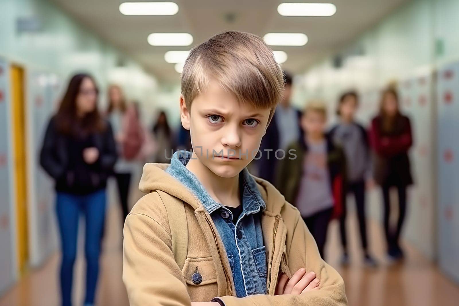 Portrait of an offended student in a school hallway. Bullying concept at school. by Yurich32