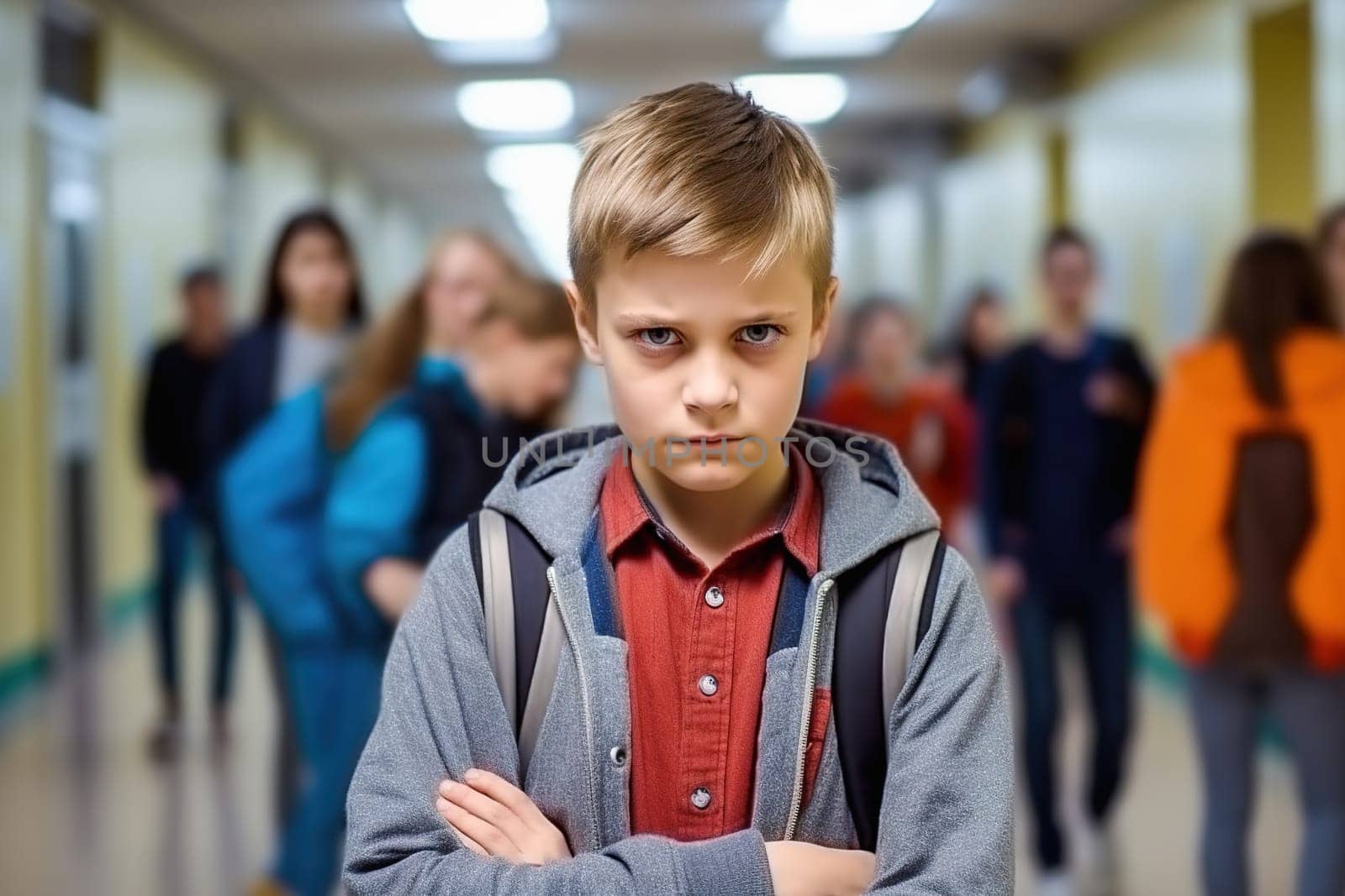 Portrait of an offended student in a school hallway. Bullying concept at school. by Yurich32