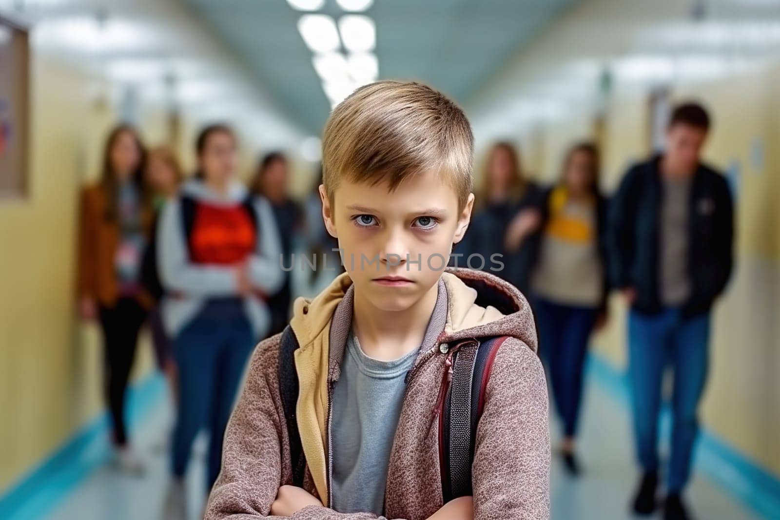Portrait of an offended student in a school hallway. Bullying concept at school. by Yurich32