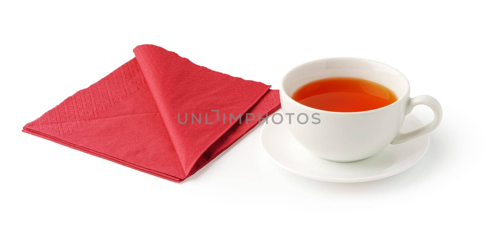 Cup of tea and paper napkin on white background by Fabrikasimf