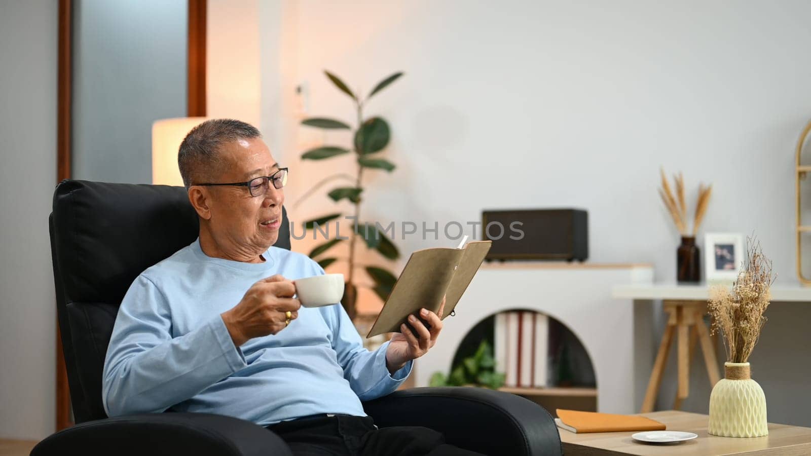 Satisfied senior man sitting on the armchair and reading book. Elderly people lifestyle and relaxation concept by prathanchorruangsak