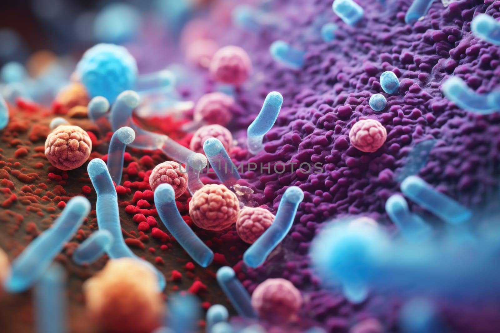 Pink and blue viruses and bacteria of various shapes close-up under a microscope. Science and medicine concept. Generated by artificial intelligence by Vovmar